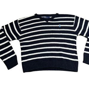 Polo Ralph Lauren Boys Youth Blue & White Striped Knit Cotton Sweater Size 7